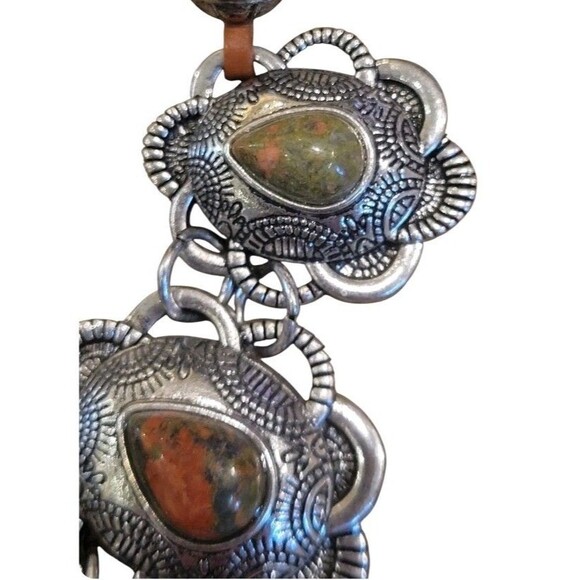 Unakite Tear Drop Stone Southwestern Medallion Stainless  Necklace  Statement - Picture 4 of 8